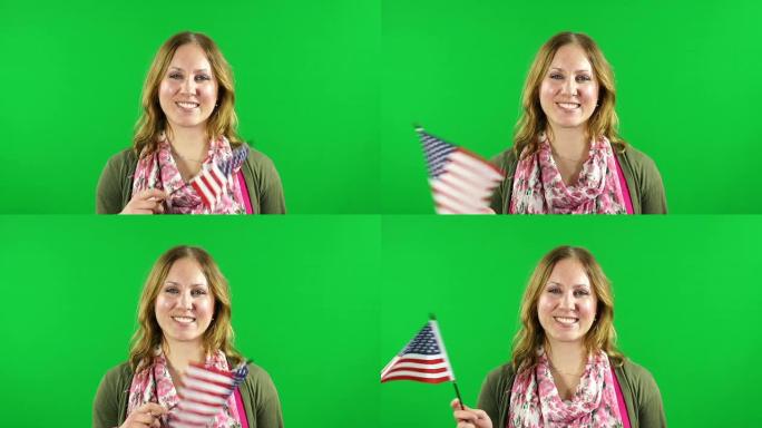 一名年轻女子在绿幕背景下挥舞着美国国旗