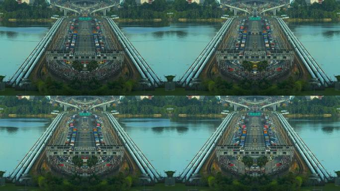 新加坡堤道大桥繁忙交通的长镜头延时