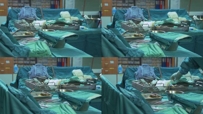 手术室配有医疗工具的桌子
