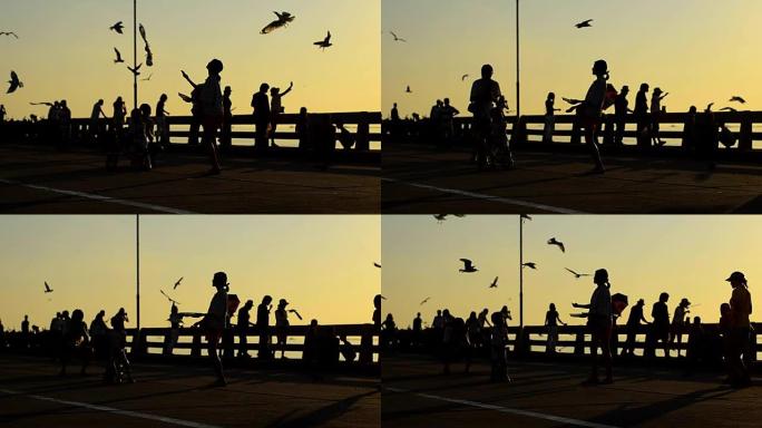 剪影: 日落时桥上的人和海鸥