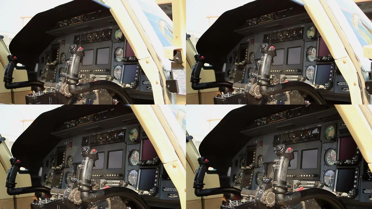 直升机驾驶舱各种复杂仪表盘特写镜头显示屏
