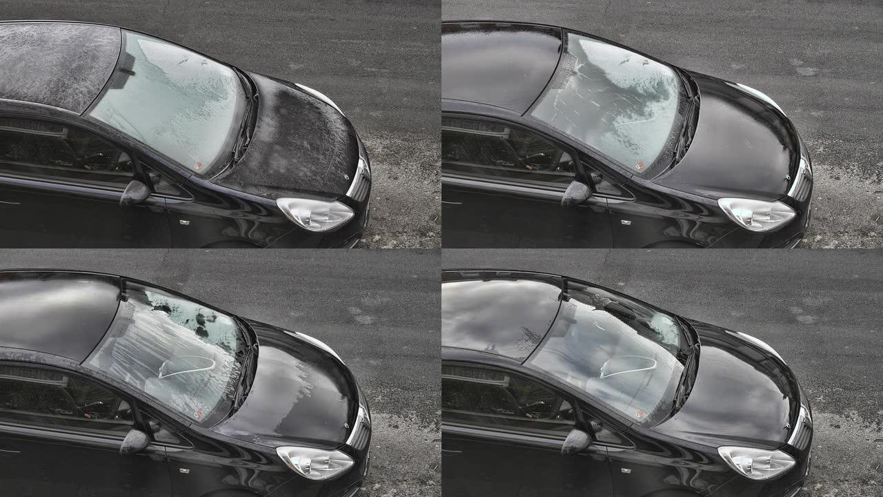 融化的冬季霜冻和汽车挡风玻璃上的冰高清视频