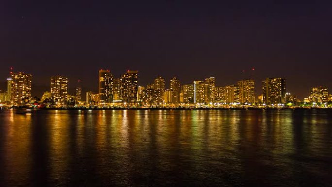 火奴鲁鲁海滨夜晚天际线时间流逝