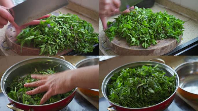 制作中国清明节的传统食物五色糯米饭的工序