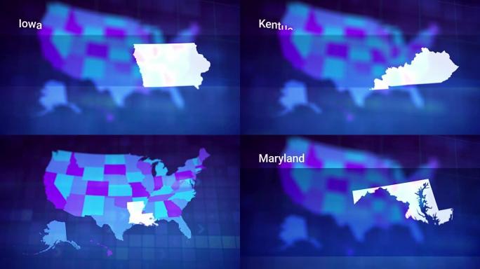 美国地图 (8个中的3个) IA，KS，KY，LA，ME，MD，马。可循环。