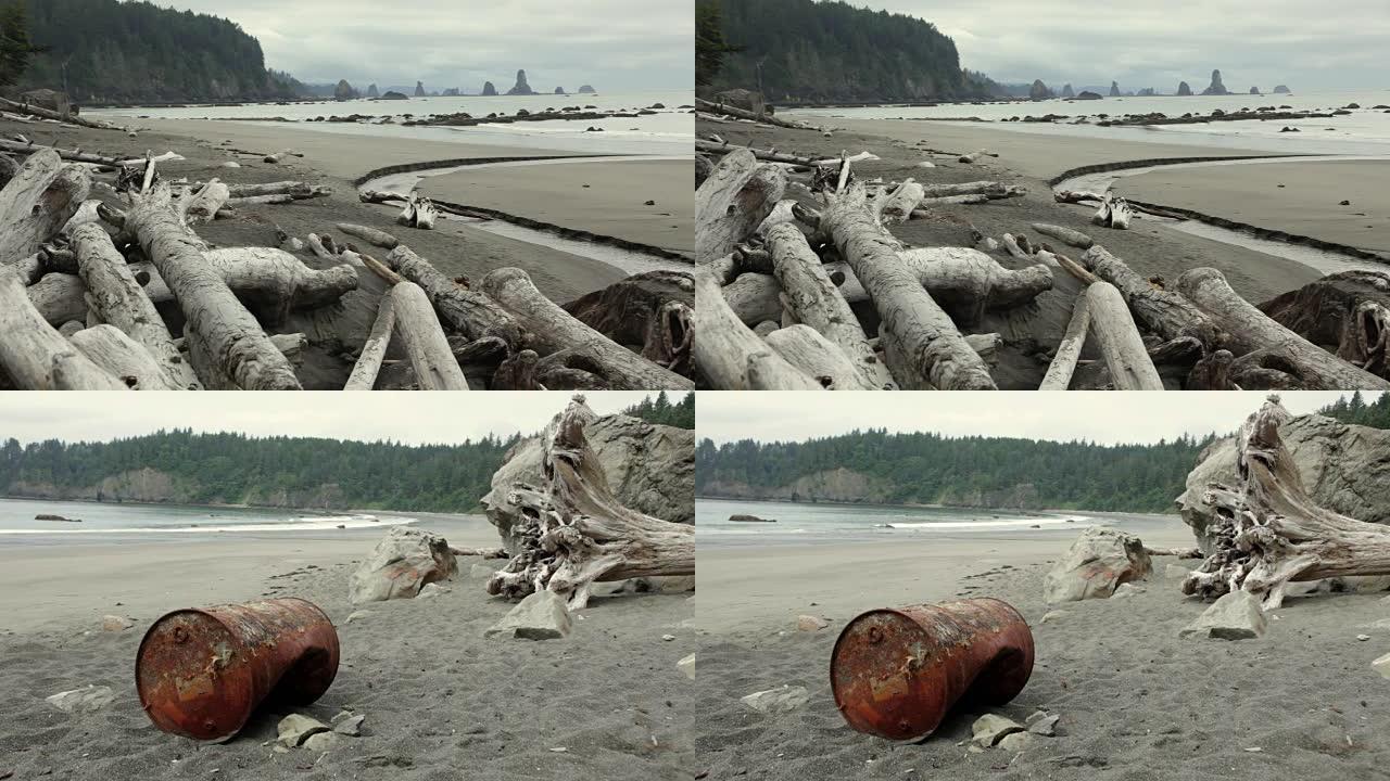 浮木锈蚀油桶第三海滩奥林匹克国家公园华盛顿