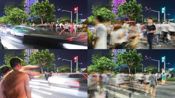行人走在城市广州街的斑马线上，时间流逝。