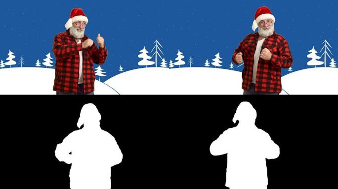 成年的高级胡须男子戴着帽子跳舞并呼唤他，以冬季为主题的卡通背景上的圣诞老人