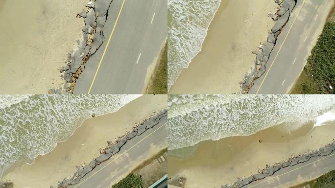 海岸线道路受损的航拍视频