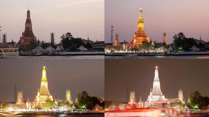 高清延时白天到晚上：Wat Arun傍晚到天黑。河上的船只交通（摇摄）