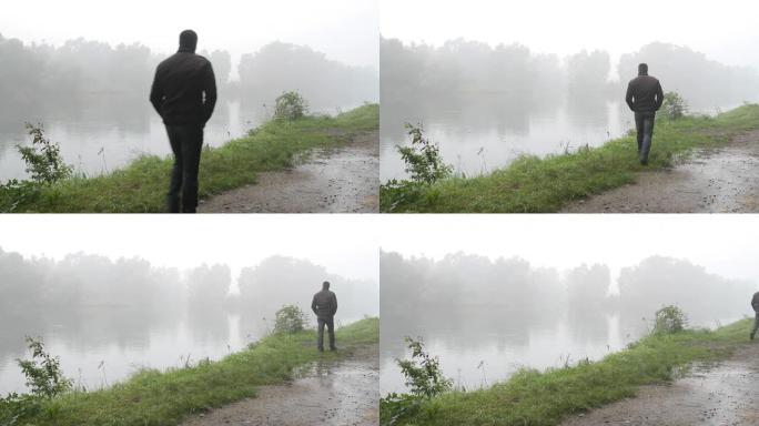 秋天早上，一个人在河边散步