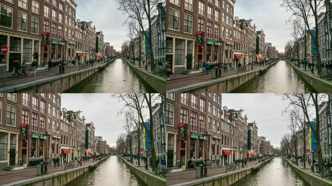 高清延时放大:阿姆斯特丹运河红灯区，荷兰