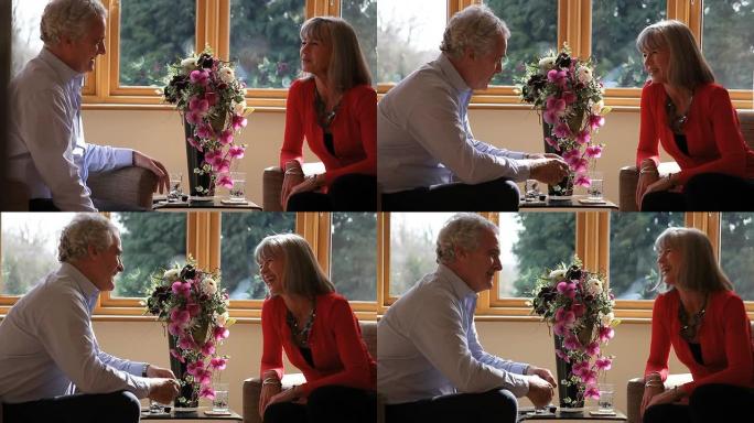 成熟的情侣在客厅里聊天