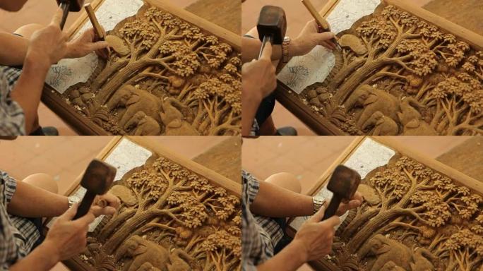 雕刻师雕刻木材的手