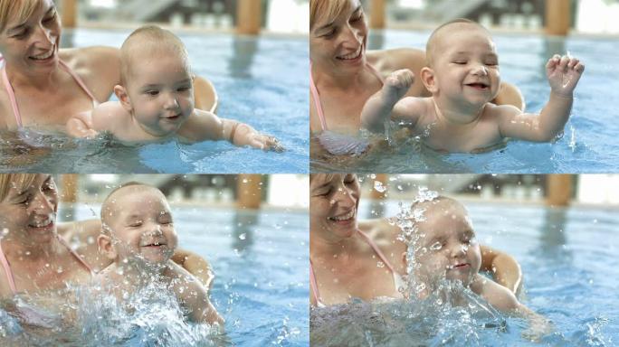 高清超级慢动作: 男婴在游泳池里玩得开心