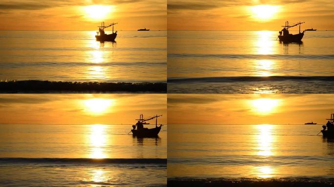 清晨的阳光映照下，一艘渔船驶入码头。