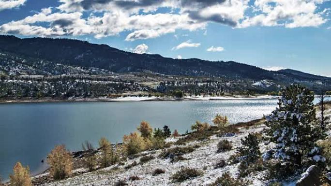 森林河和雪湖泊阳光反光波光粼粼