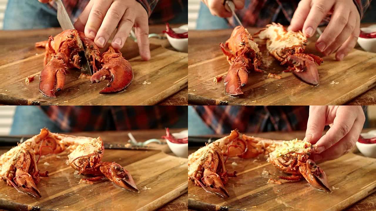 切熟龙虾，用辣椒黄油腌制