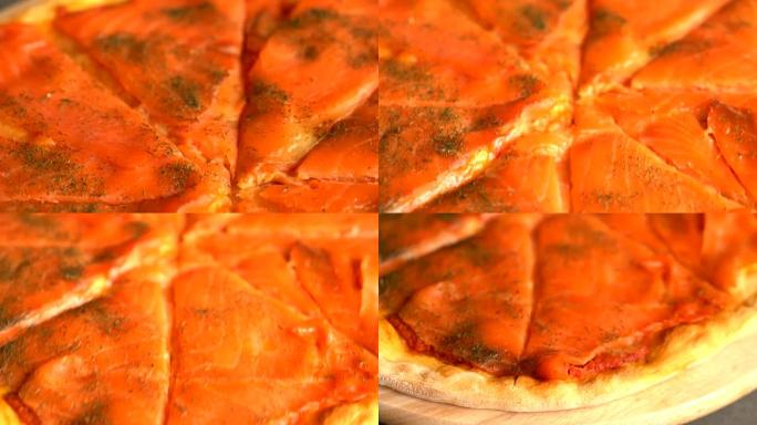 烟熏三文鱼披萨披萨特写海鲜披萨