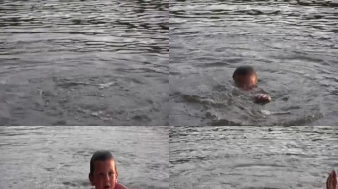 溺水男孩不会游泳水中呼救防溺水宣传素材
