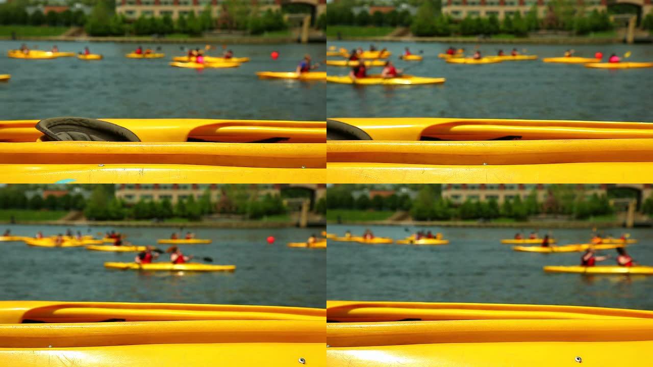 黄河上的黄色皮划艇比赛