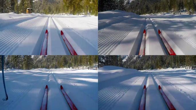 高清运动效果: 越野滑雪动作的宽镜头
