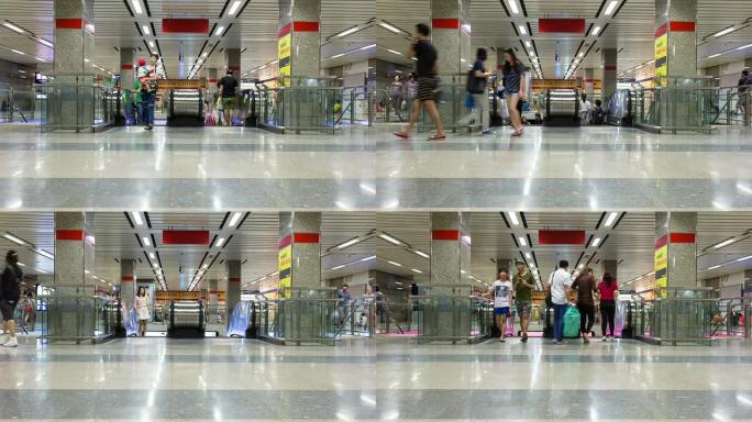高清: 人们在购物中心的自动扶梯上移动