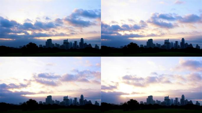 奥斯汀德克萨斯州天际线市区场景放大，日出在城市时光倒流后面