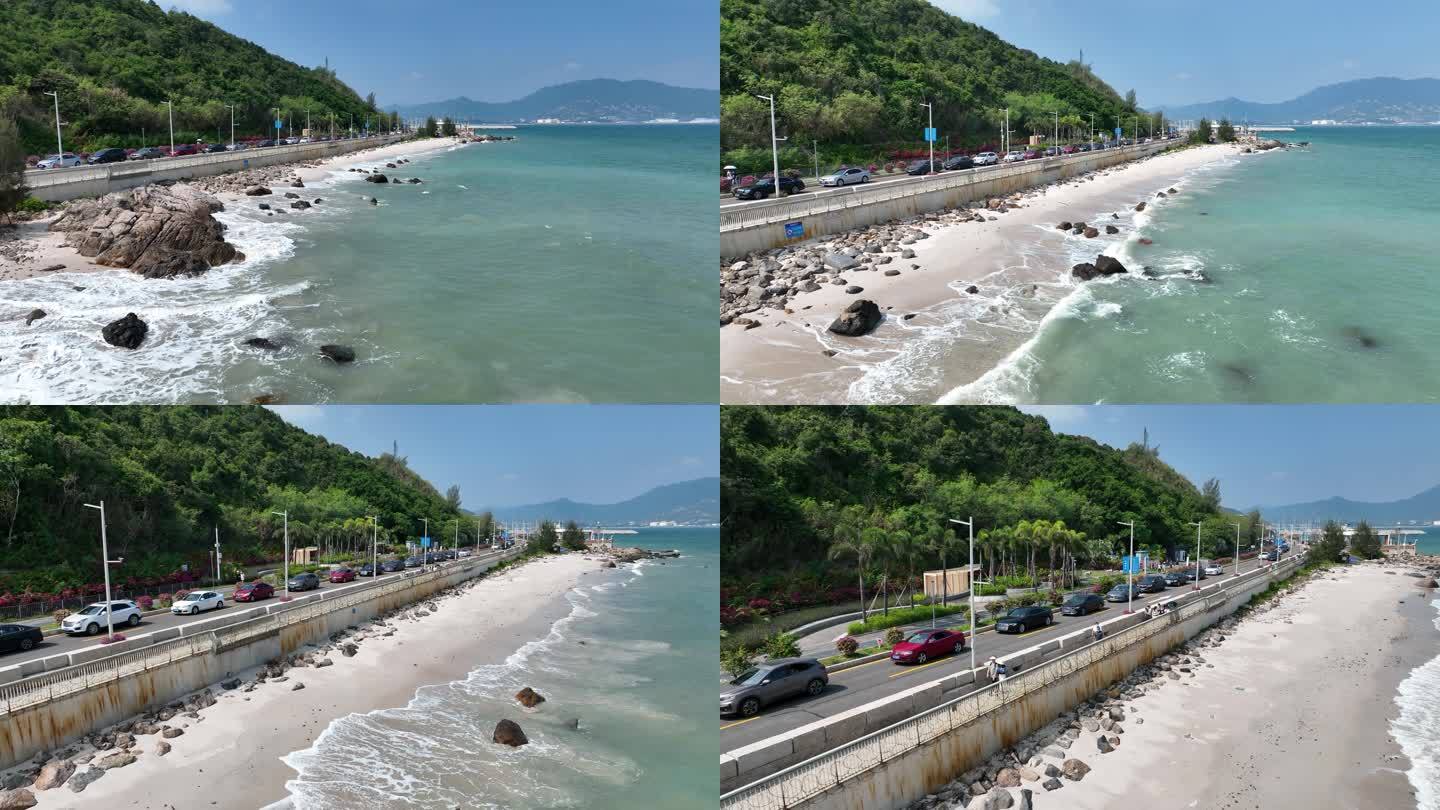 航拍深圳杨梅坑海边公路