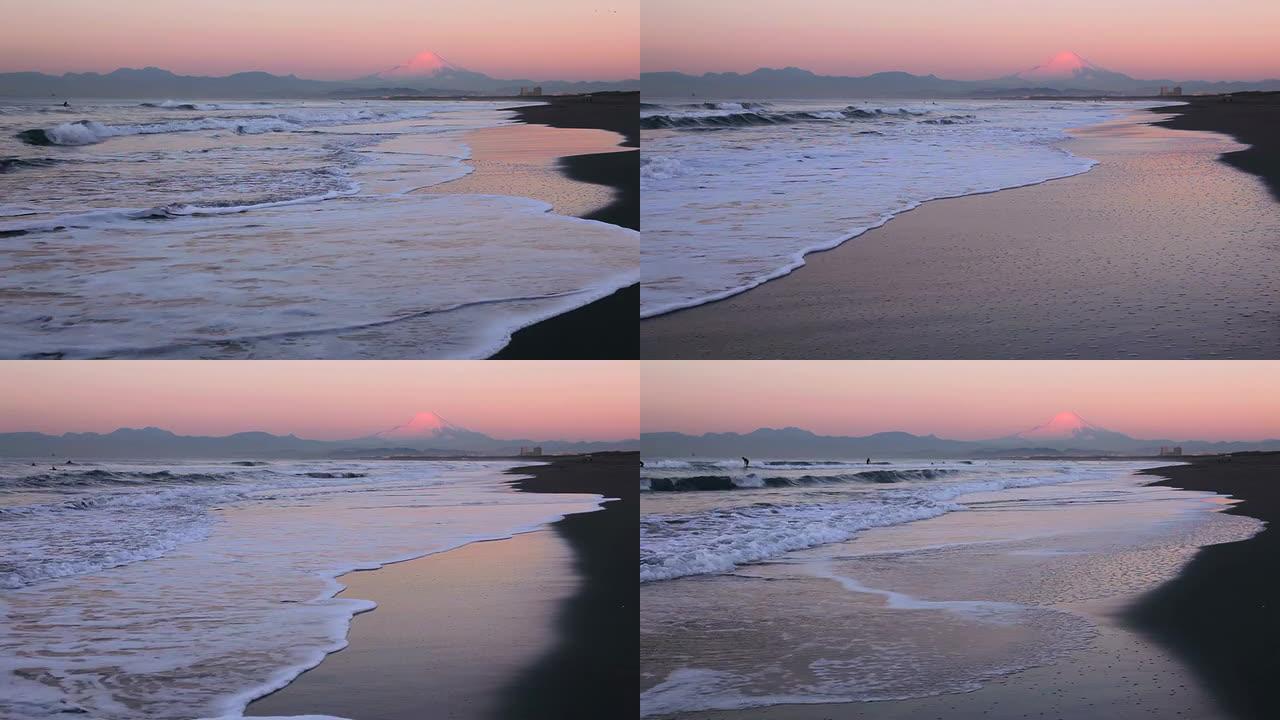 晨间海滩和富士山（延时）