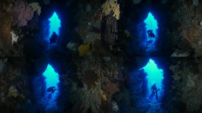 潜水员，游泳，海底洞穴