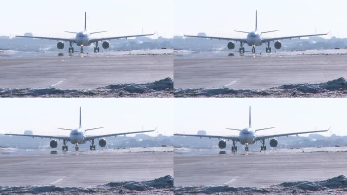 空中客车A330飞机飞向跑道WideShot-冬季