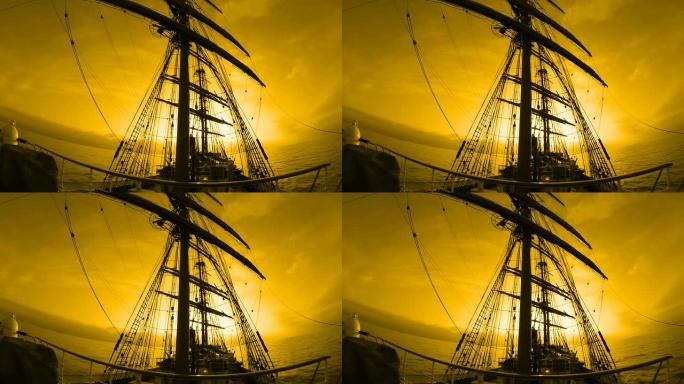 古老的帆船上美丽的日落