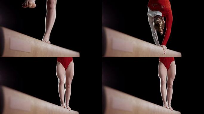 一名女体操运动员的SLO MO脚在向后走时