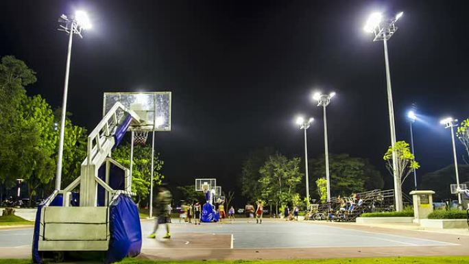 延时：亚洲年轻人打篮球户外夜景