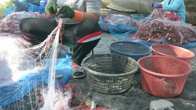 捕虾渔网海边渔民捕食鱼类网鱼