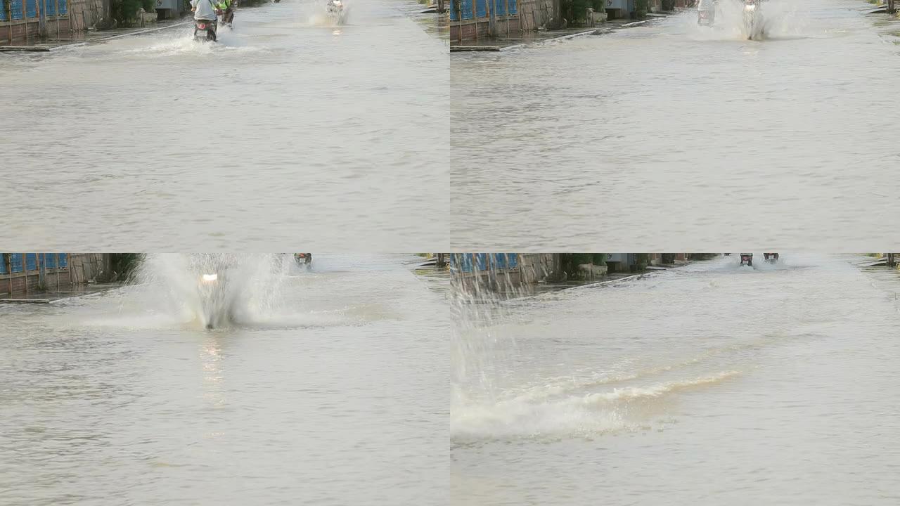 洪水中的摩托车乡村农村夏季汛期暴雨内涝