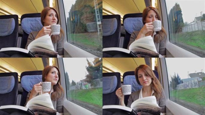 年轻女子在火车上看书喝咖啡