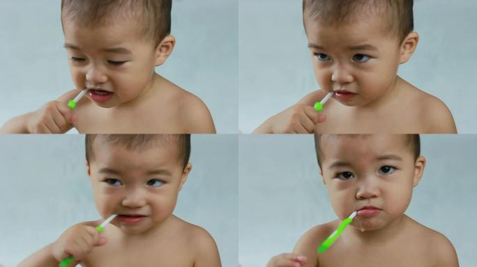 婴儿主动刷牙，流口水