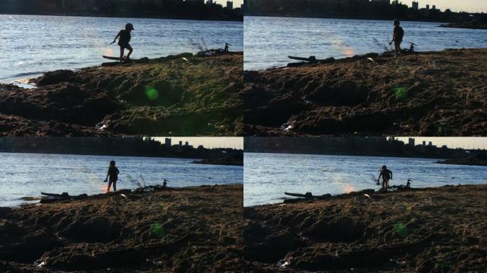 夏季城市怀旧场景小孩河边玩耍夏季水安全