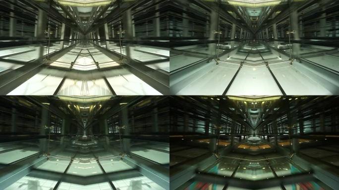 电梯轿厢天花板透视图，显示电梯井道和运动