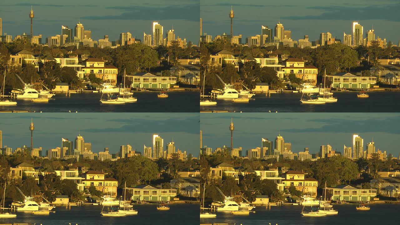 悉尼天际线夜幕降临夕阳无限水面夕阳