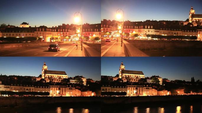 高清摇摄：Blois城市景观和法国大教堂夜晚