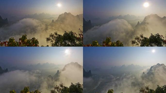 中国广西桂林，黄昏的桂林山。延时摄影