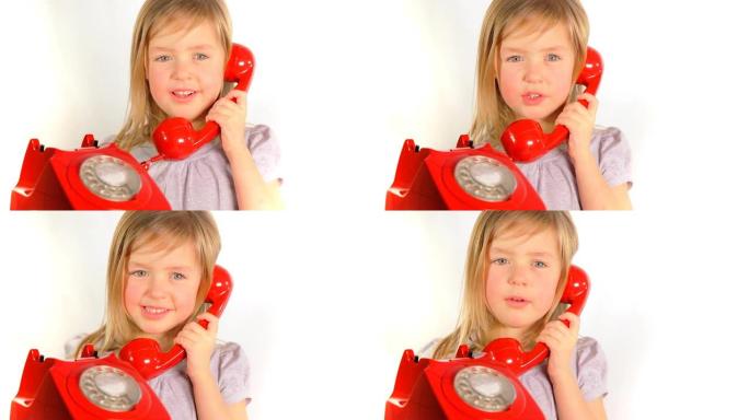 女孩接电话女孩接电话红色固定电话座机