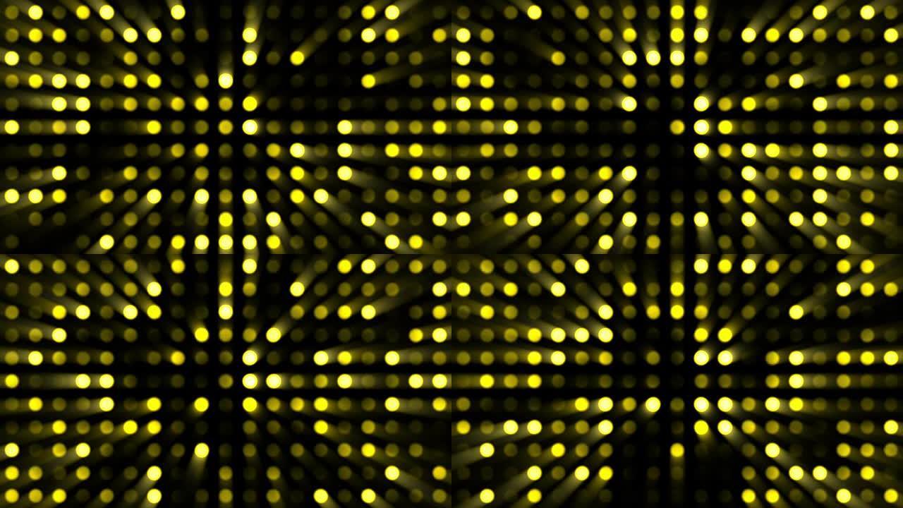 黄色圆圈音乐视频背景-黑色背景上具有随机生成效果的点网格