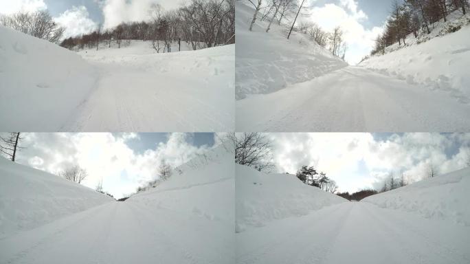 雪地冬季公路行驶雪地冰雪驾驶