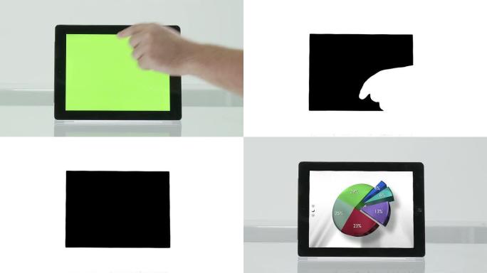 平板电脑触摸屏上下手势。绿色屏幕加上哑光。