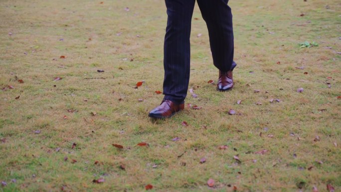 草地上行走的棕色皮鞋特写