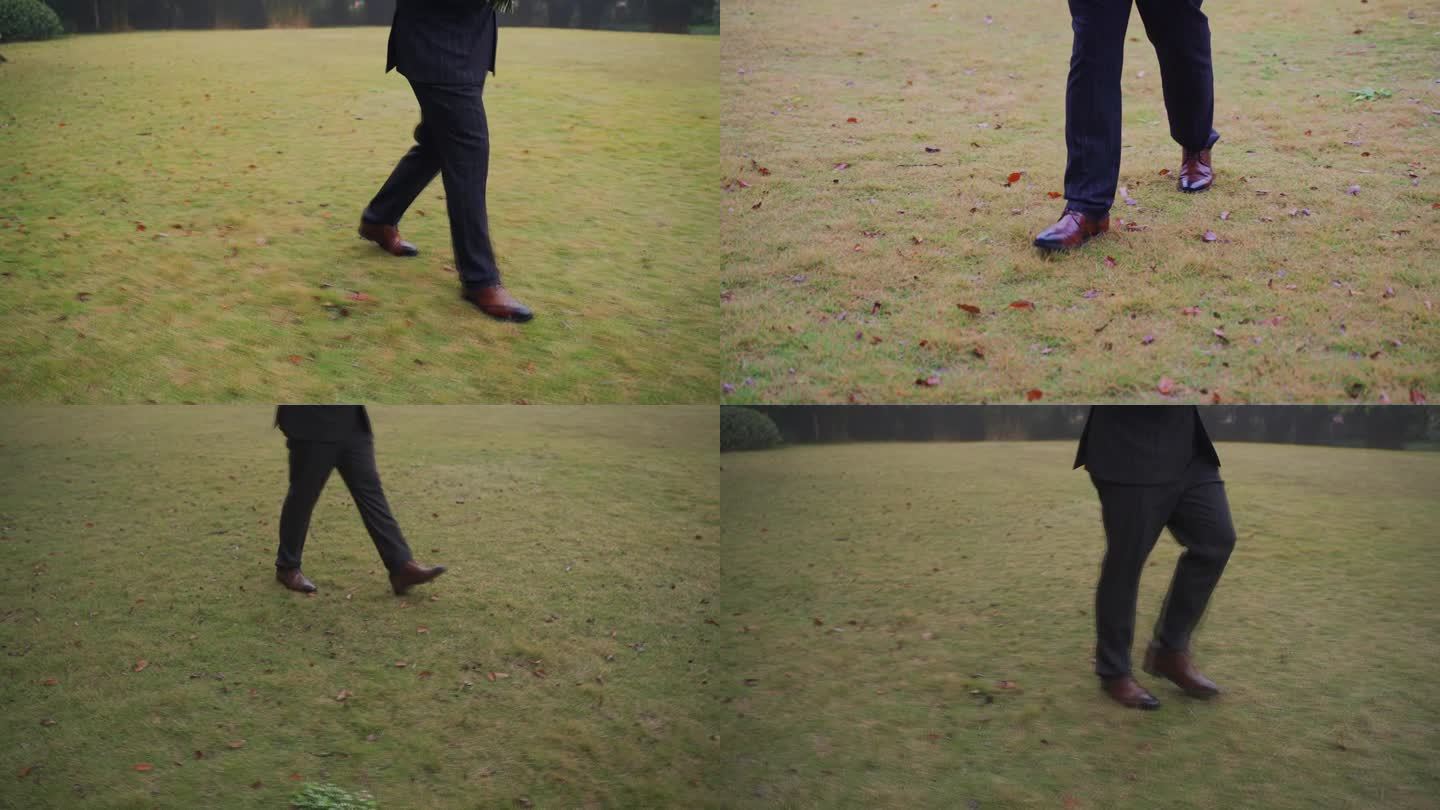 草地上行走的棕色皮鞋特写